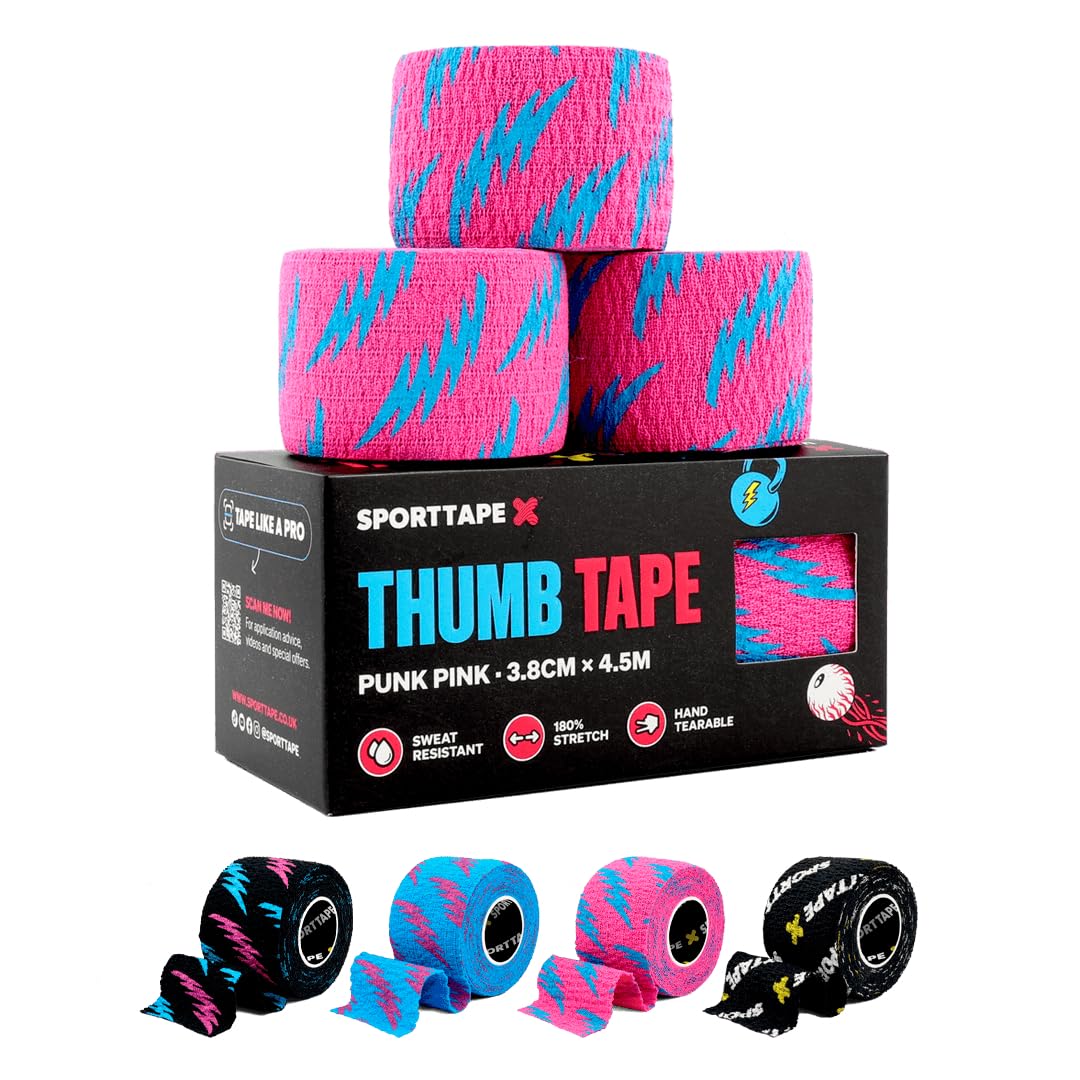 SPORTTAPE 3 Rolls Weightlifting Thumb Tape - Pink, 3.8cm - Hook Grip Tape