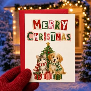 1 Cat and Dog Christmas Card with Scarf and Celebration Gift
