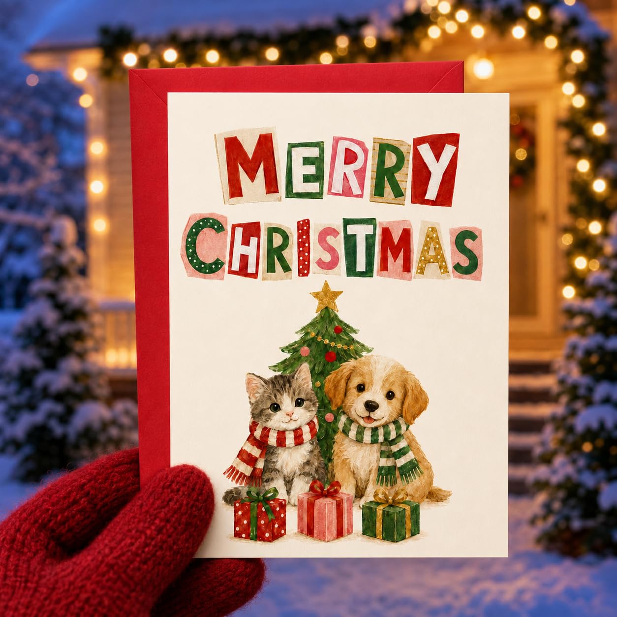 1 Cat and Dog Christmas Card with Scarf and Celebration Gift