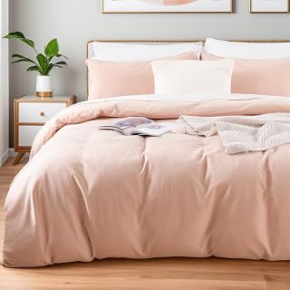 NEXHOME PRO Duvet Cover Set King Size Linen Feel Textured Washed Cotton Duvet Cover 3 Pieces Bedding Set with Zipper Closure & Corner Ties, Breathable and Soft, Light Pink (No Comforter)