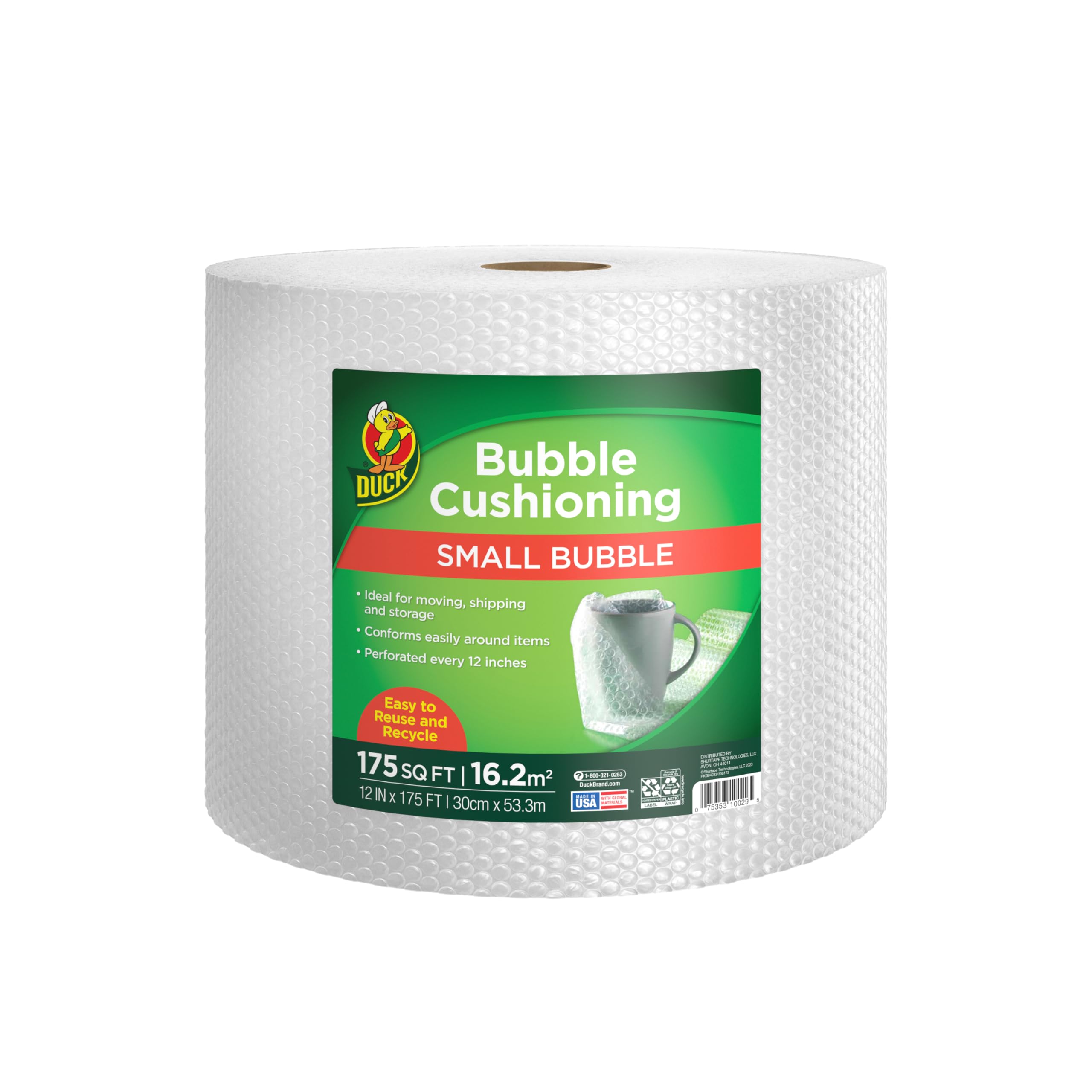 Duck Brand Small Bubble Cushioning Wrap, 12 in x 175 Ft, Clear, 1 Roll | Packing