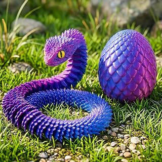 1 Piece 3D Printed Articulated Snake with Egg, Crystal Snake Sculpture for Home Office Desk Decoration, Red and Blue