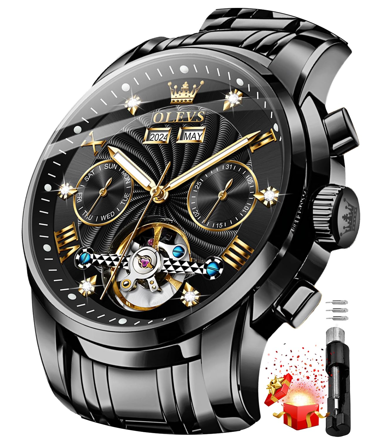 OLEVS Mens Automatic Watches Luxury Dress Tourbillon Mechanical Stainless Steel 