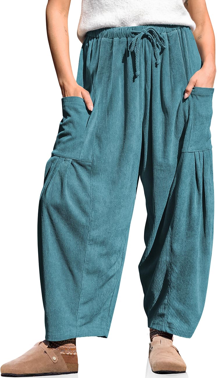 TARSE レディース コーデュロイ バレルパンツ ドローストリング ワイドレッグパンツ ポケット付き