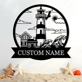 Dyoart Personalized Lighthouse Metal Signs, Nautical Outdoor Decor, Metal Lighthouse Beach Sign, Cabin Wall Decor, Metal Outdoor Wall Art, Sailing Gift for Him, Nautical Decor for Home