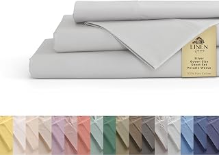 Linen Home 100% Cotton Percale Sheets Queen, 4 Pc Cooling Set - Silver