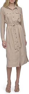 DKNY Womens Long Sleeve Collared Tie Midi ShirtdressDress