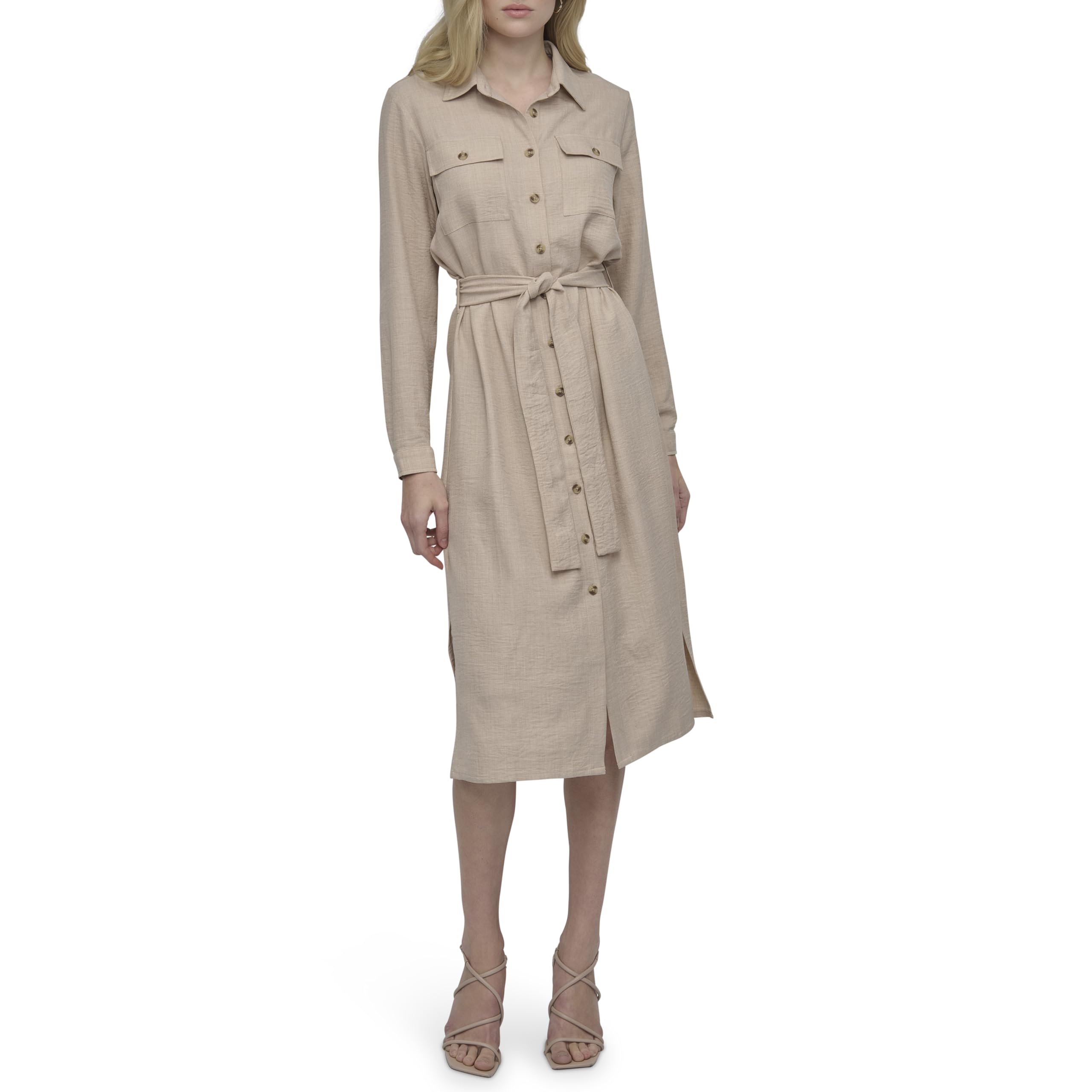 DKNY Womens Long Sleeve Collared Tie Midi ShirtdressDress
