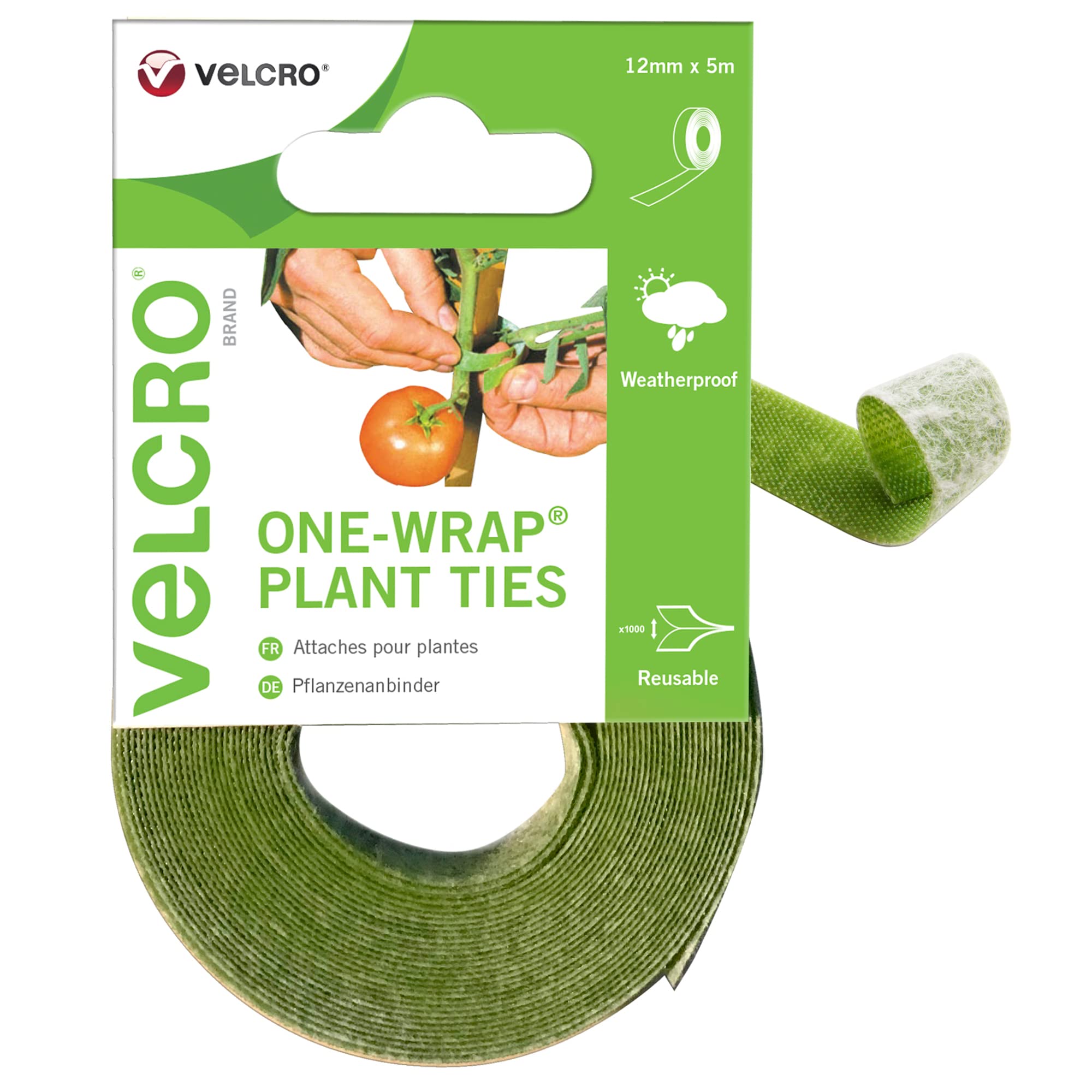 VELCRO Brand ONE-WRAP Plant Ties Tape, 12mm x 5m, Green - Reusable, Plant-Friend