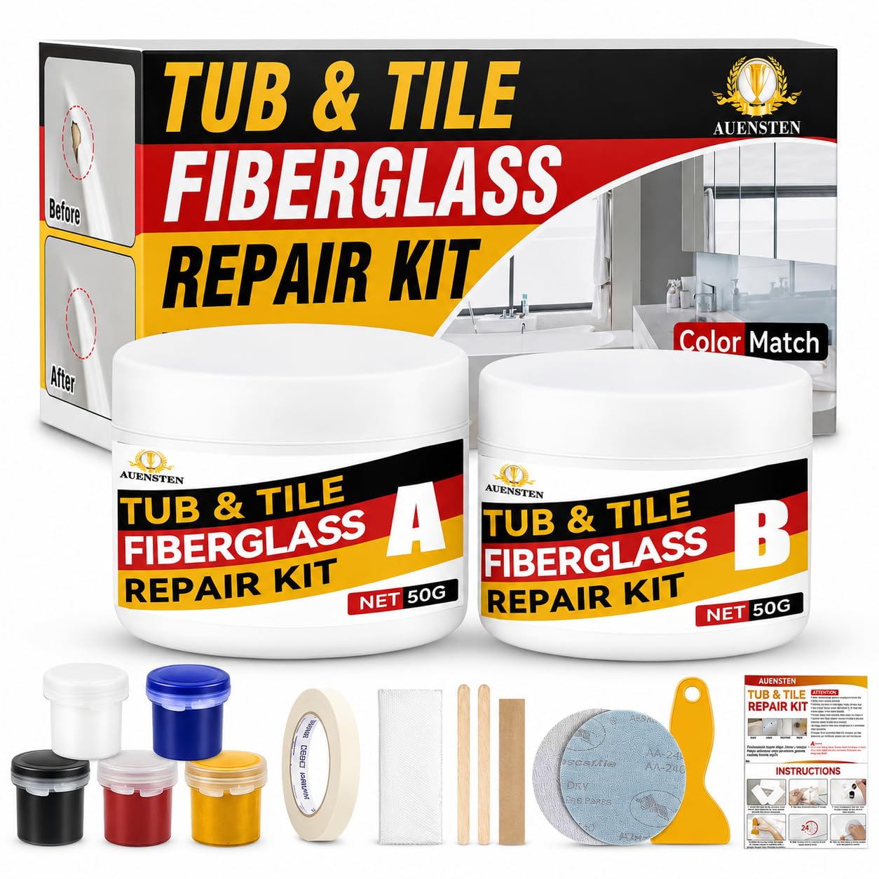 Bath Tub Repair Kit White, Fiberglass Tub and Shower Repair Kit for Porcelain Si