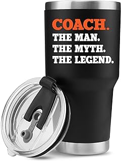 Coach The Man The Myth The Legend Coach Gifts Sports Soccer Football Baseball Basketball Gym Trainor Vacuum Insulated Tumbler with Removable Lid and Straw Stainless Steel Tumbler (Black, 30 oz)