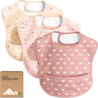 KeaBabies 3-Pack Waterproof Baby Bibs for Eating, Lightweight, Butterflies | Easy to Put On & Clean, Toddler Feeding Bibs with Large Food Catcher Pocket, Mess-Proof Baby Eating Essentials, Food-Grade