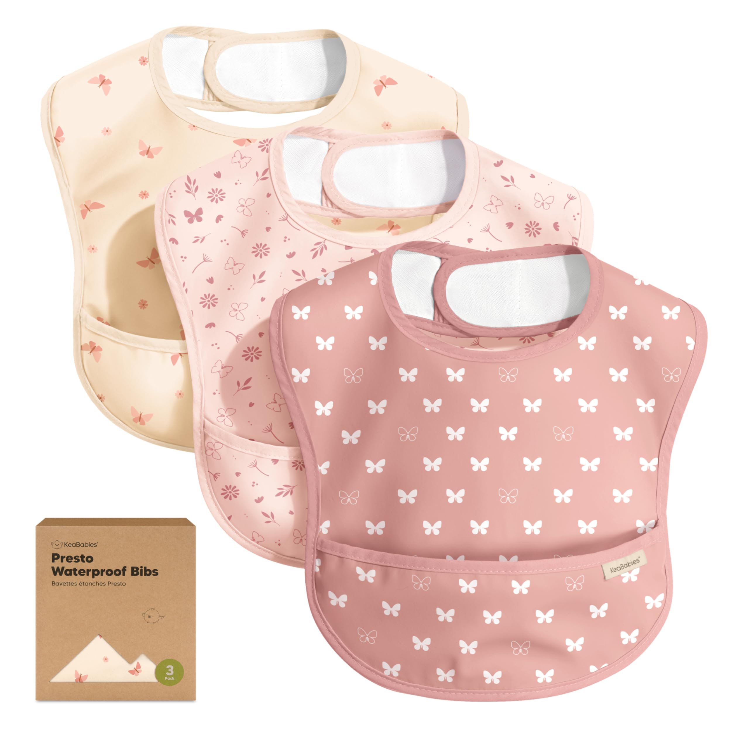 KeaBabies 3-Pack Waterproof Baby Bibs for Eating, Lightweight, Butterflies | Eas