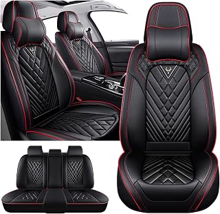Car Seat Covers for Dodge Ram 1500 2002-2026, Waterproof Nappa Leather Car Seat Protector, Comfortable and Anti-Slip Car Seat Cover&Accessories(5 Seats with Headrests/Black Red)
