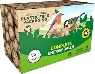 Fat Balls for Wild Birds, 50 Fat Ball Box, High Energy Bird Food with Sunflower Seeds, Suet Balls for Wild Birds, Plastic-Free Packaging