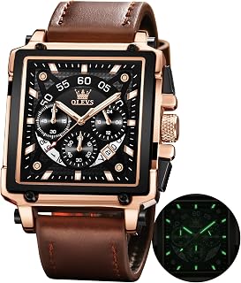 OLEVS Relojes para hombres cuarzo cronógrafo cuero moda vestido reloj fecha impermeable luminoso casual cuadrado relojes de negocios, Marrón/Negro