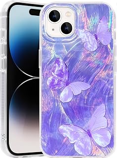 Compatible with iPhone 14 Plus Case,with [Shockproof Protective][Camera Protection] Cute Butterfly Aesthetic Phone Cover Anti-Yellowing Soft Slim Cover for Women Girl-Purple