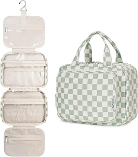 Narwey Large Hanging Toiletry Bag Travel Makeup Bag Cosmetic Organizer for Women Girls, Z-Mint Green Checkerboard, M