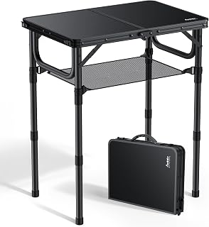 Anbte Folding Camping Table, 24"X 16" Adjustable Height Small Folding Table | with Storage Net, Aluminum Compact Folding Table, Lightweight, Portable Table for Outdoor Travel Cooking Picnic, Pure Black