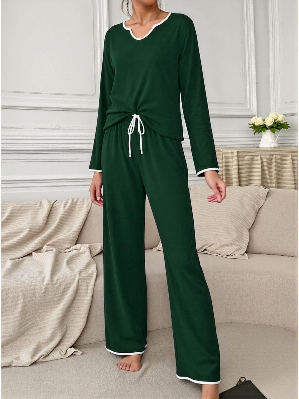 Loungewar Women's Pyjama Set Long Sleeve Top and Drawstring Pants Soft V Neck Pa
