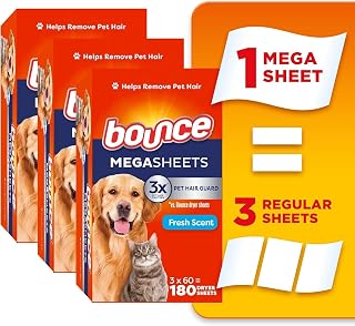 Pet Hair and Lint Guard Mega Dryer Sheets with 3X Pet Hair Fighters, Fresh Scent, 180 Count