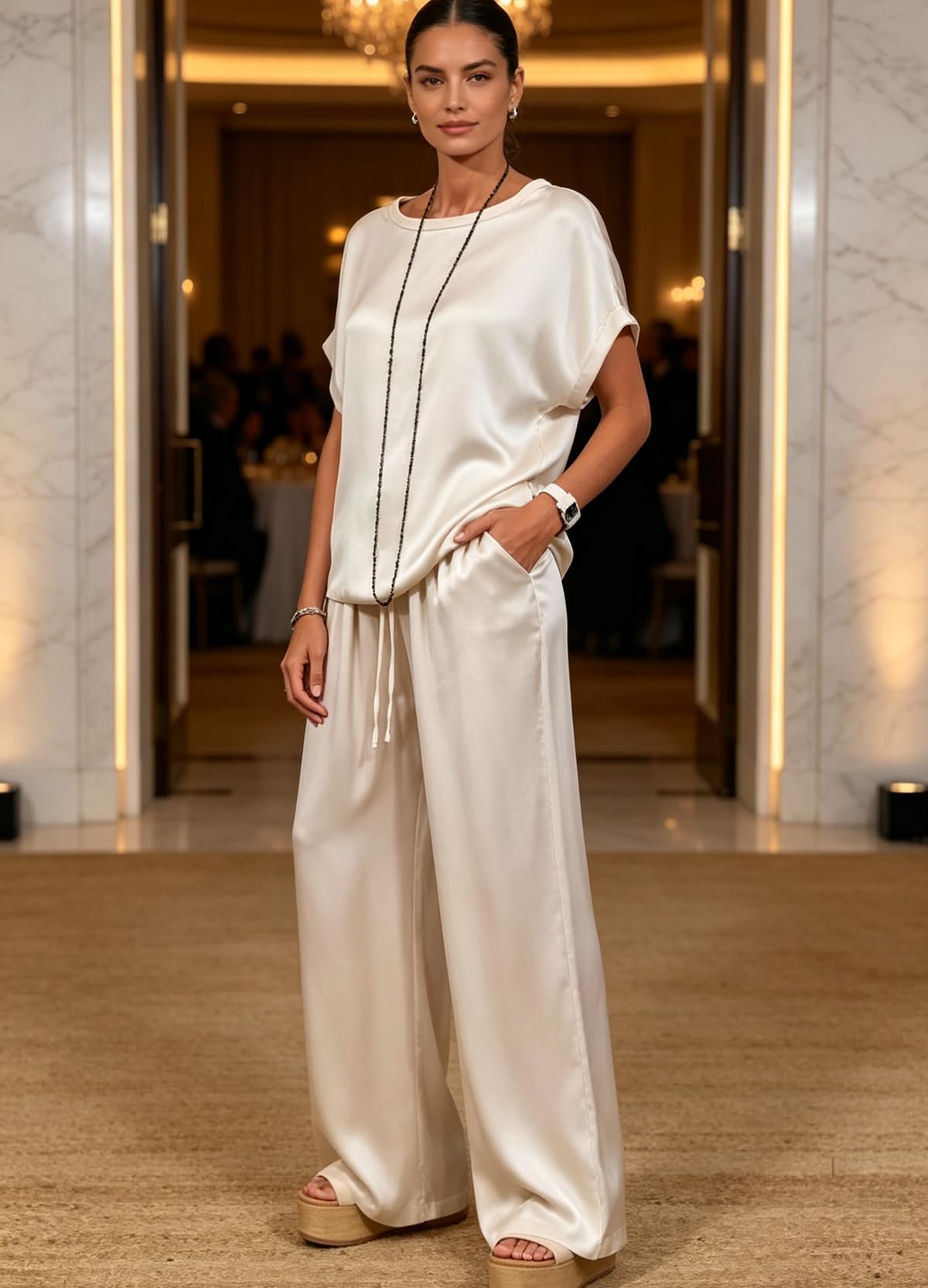 Women Loose Shirt Wide Leg Pants Casual Dress