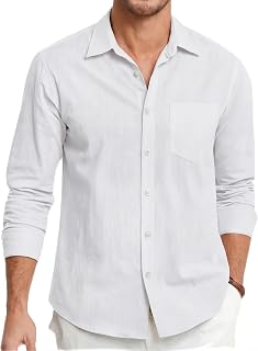 HISDERN Men's Linen Cotton Shirts Long Sleeve Lightweight Regular Fit Solid Button Casual Summer Shirt with Pocket