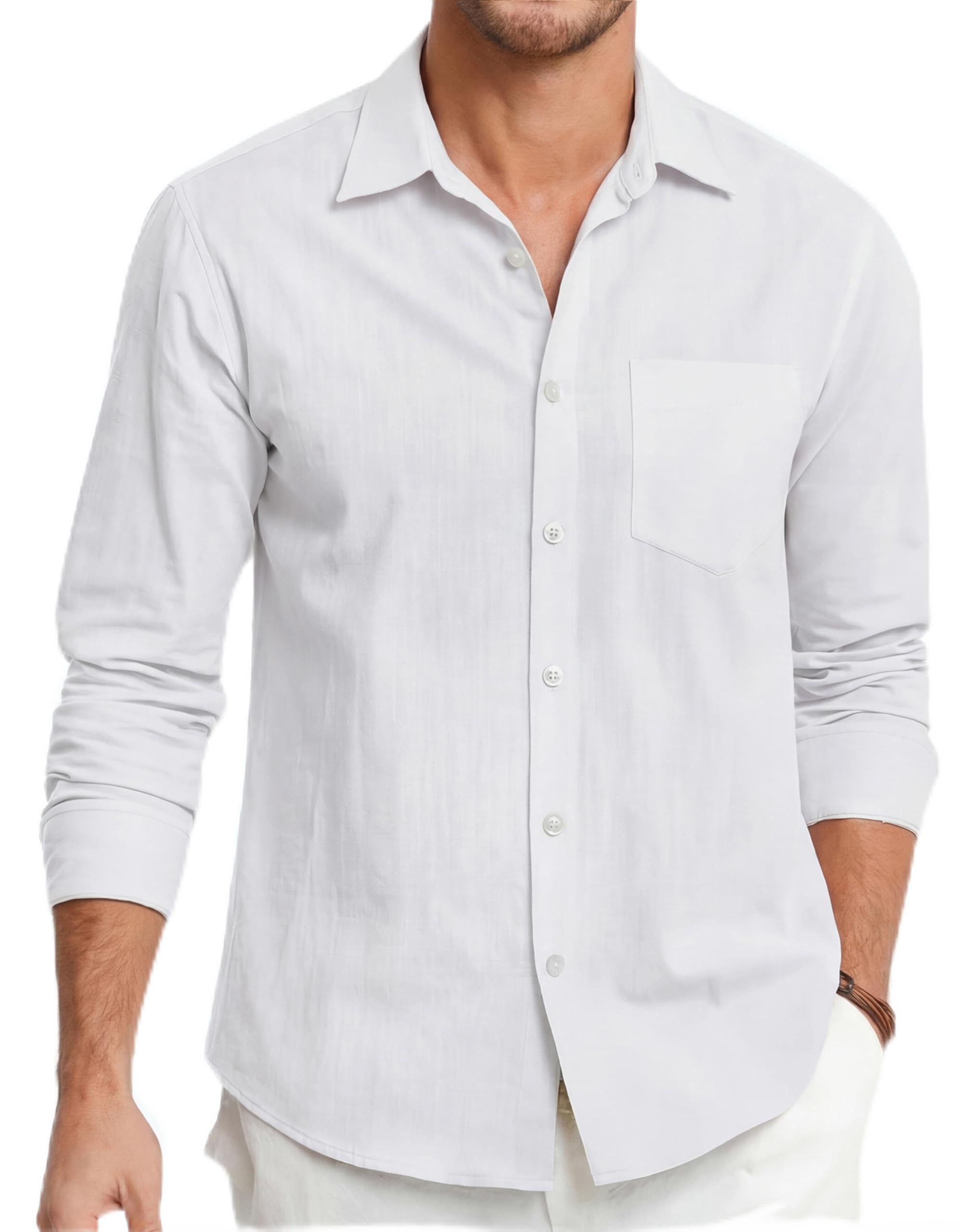 HISDERN Men's Linen Cotton Shirts Long Sleeve Lightweight Regular Fit Solid Butt
