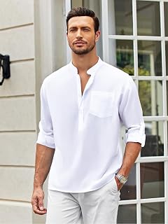 Button Down Shirt Men Casual Long Sleeve Linen Shirt Summer Beach Shirt Hawaiian Holiday T-Shirt