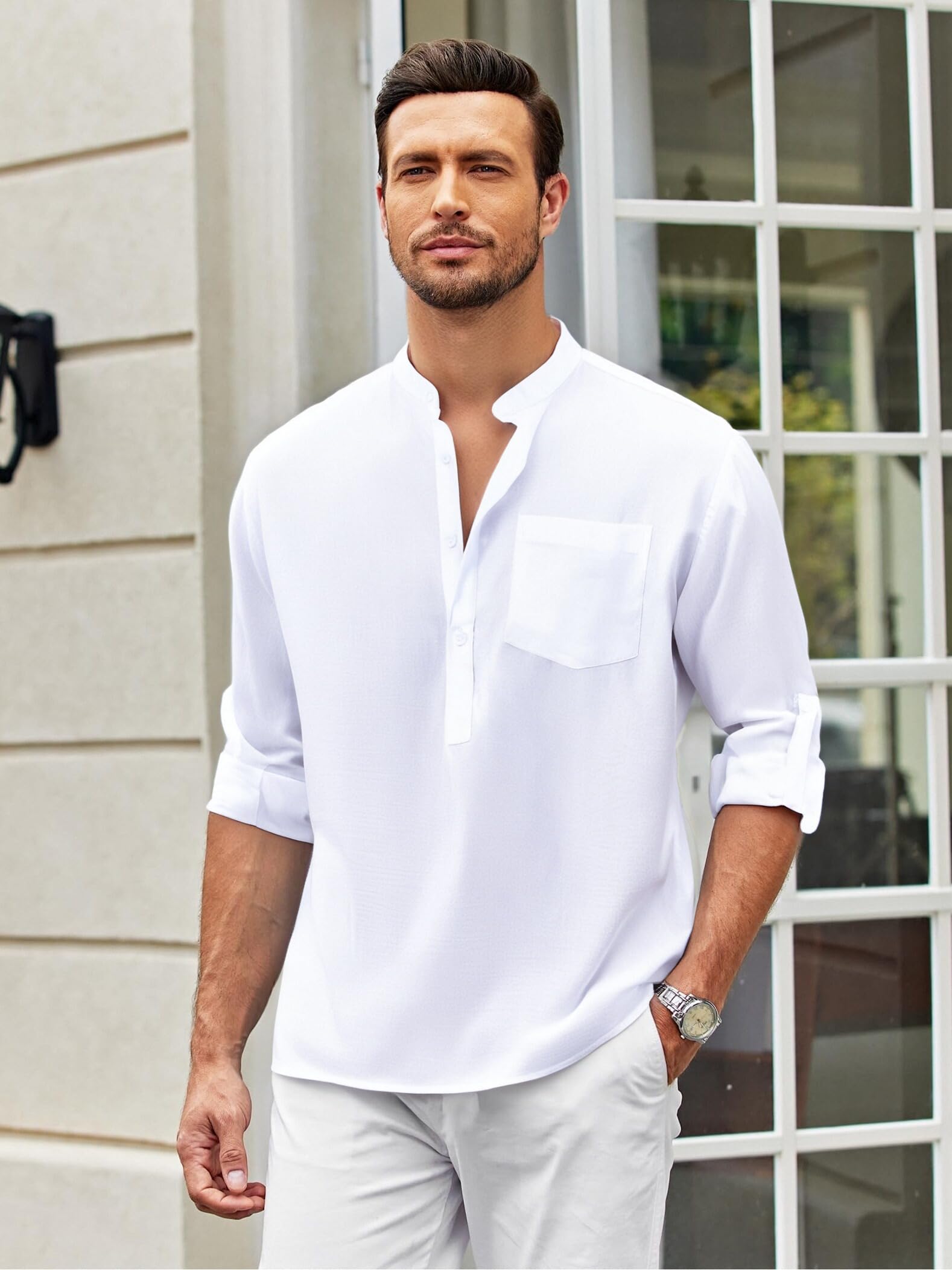 Button Down Shirt Men Casual Long Sleeve Linen Shirt Summer Beach Shirt Hawaiian