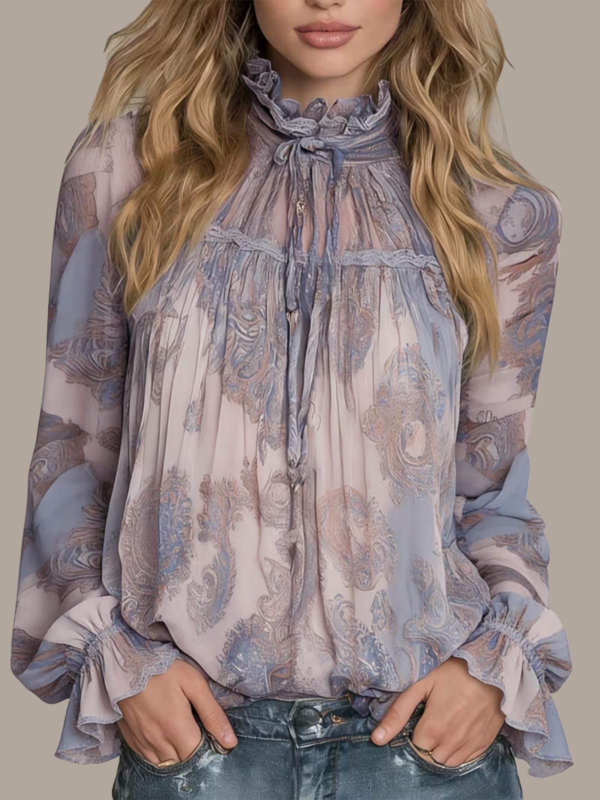 Women Long Sleeve Blouse Tops Bohemian Tunic Tops Loose Fit Oversized Casual Pri