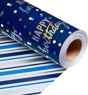 Wikadlik Birthday Wrapping Paper, Blue Happy Birthday Lettering Cute Dots Stripes Gift Wrap Paper Roll for Party Celebration Fathers Day - 43cm x 10m