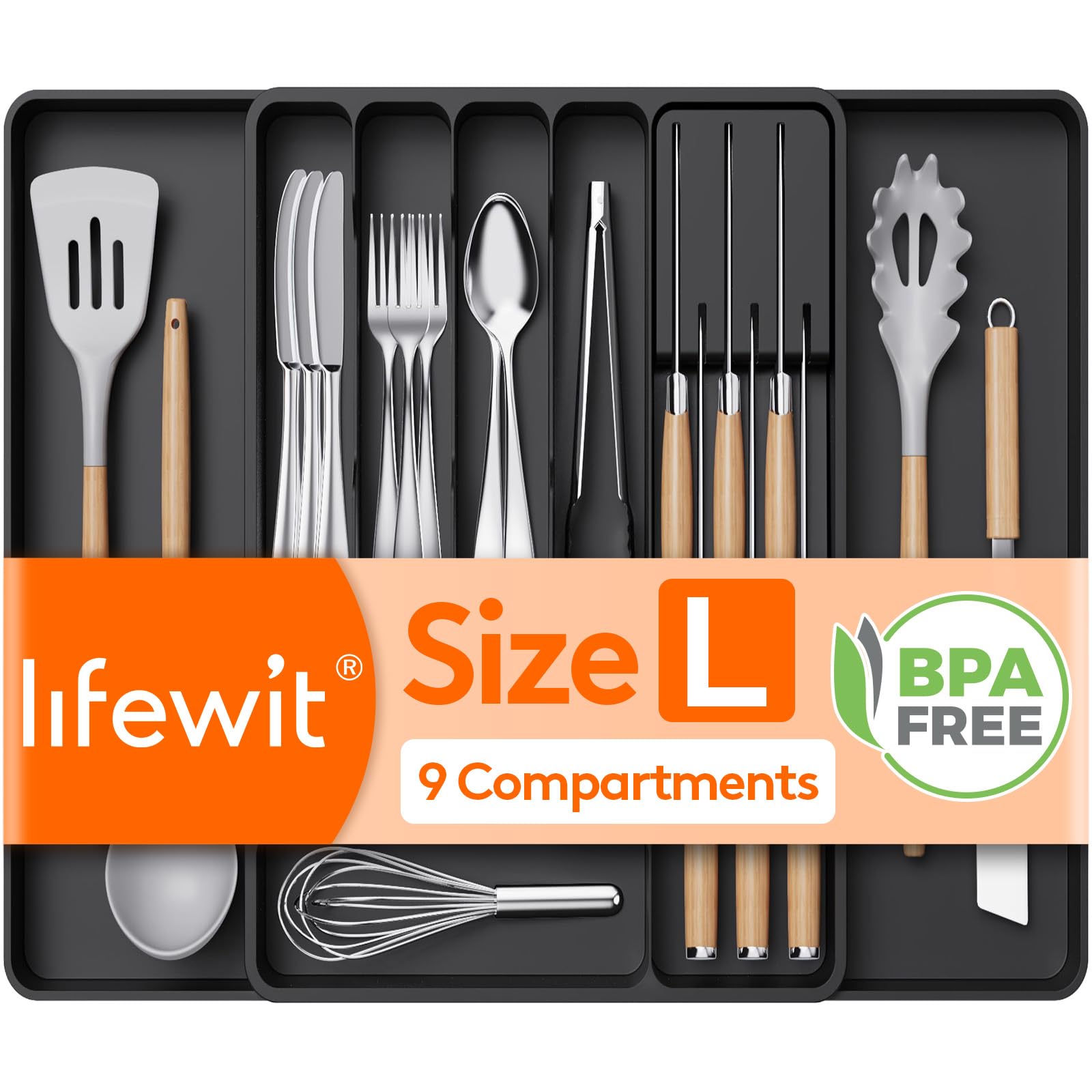 Lifewit Cutlery Drawer Organiser, Expandable Tray with Knives Holder