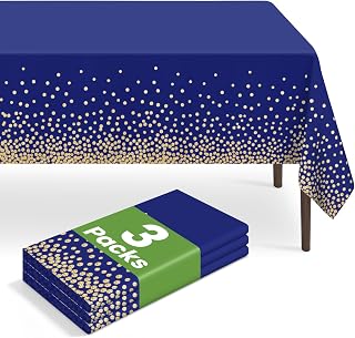 3 Pack Navy Blue and Gold Dot Tablecloth, Blue Plastic Table Cloths for Parties Disposable, 54x108in Waterproof Rectangular Camping Tablecloth for Birthday Party Graduation Picnic Baby Shower