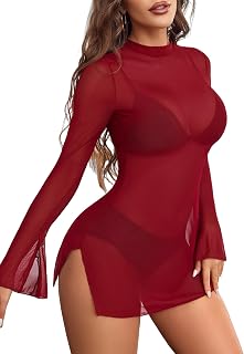 Avidlove メッシュミニドレス 女性用 ベルスリーブ ボディコン タートルネックドレス