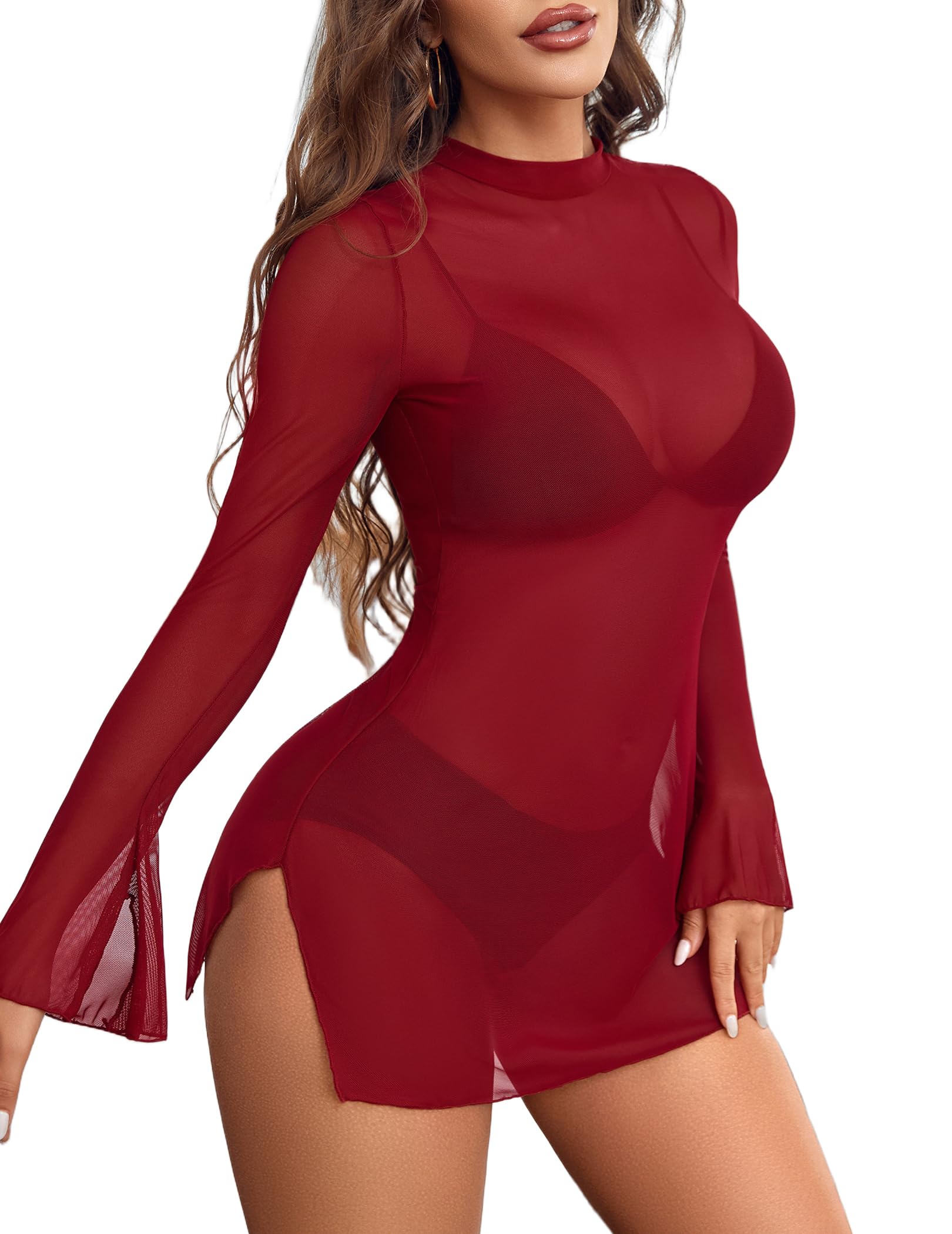 Avidlove メッシュミニドレス 女性用 ベルスリーブ ボディコン タートルネックドレス