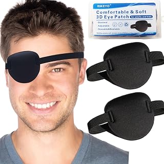 RIKEYO 2 Pcs Eye Patches for Adults and Kids,3D Adjustable Eyepatch for Right or Left Eye,One Eye Cover for Lazy Eye,Pirate Costume(Black)