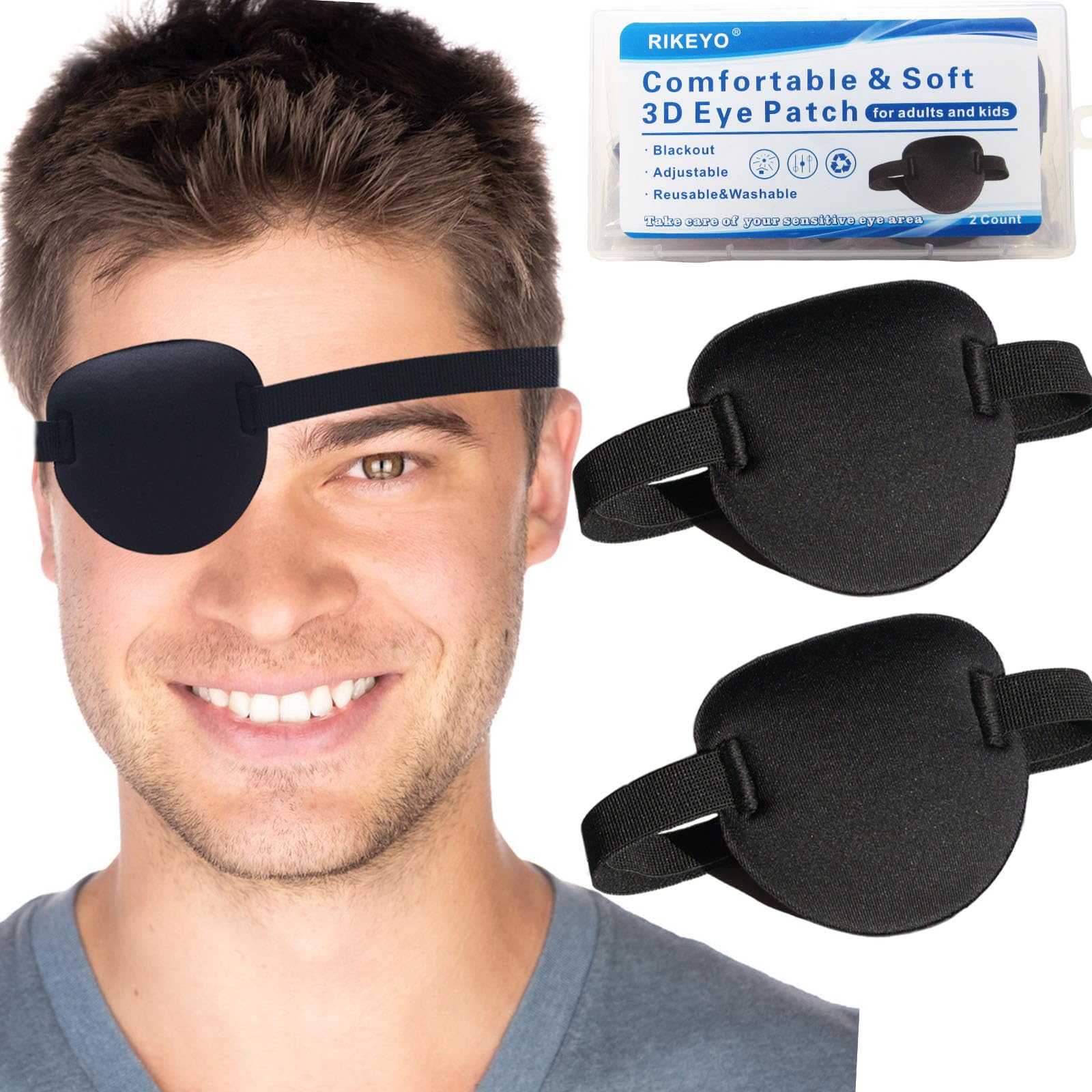 RIKEYO 2 Pcs Eye Patches for Adults and Kids,3D Adjustable Eyepatch for Right or