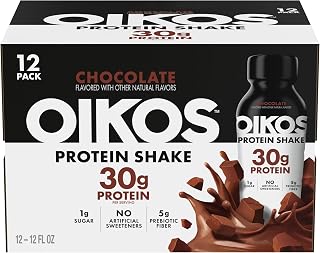 Oikos Protein Shake, Chocolate, 30g Protein, 12 fl oz, 12 Count | Shelf-Stable Ready-To-Drink Shake, Packed with 30g Protein, 5g Prebiotic Fiber, 1g Sugar, Easy Grab-And-Go Snack