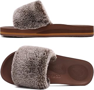 COFACE Womens Slides Fuzzy Slippers Open Toe Fluff Slippers With Arch Support Plantar Fasciitis Orthotic Slippers Women House Shoes