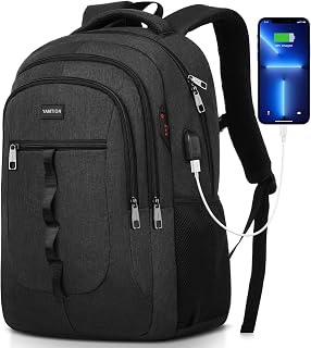 YAMTION Schwarz Rucksack Herren und Damen,Unisex Schulrucksack Teenager für Jungen Mädchen Laptop Rucksack Schultasche mit USB für Uni Schule Arbeit Büro