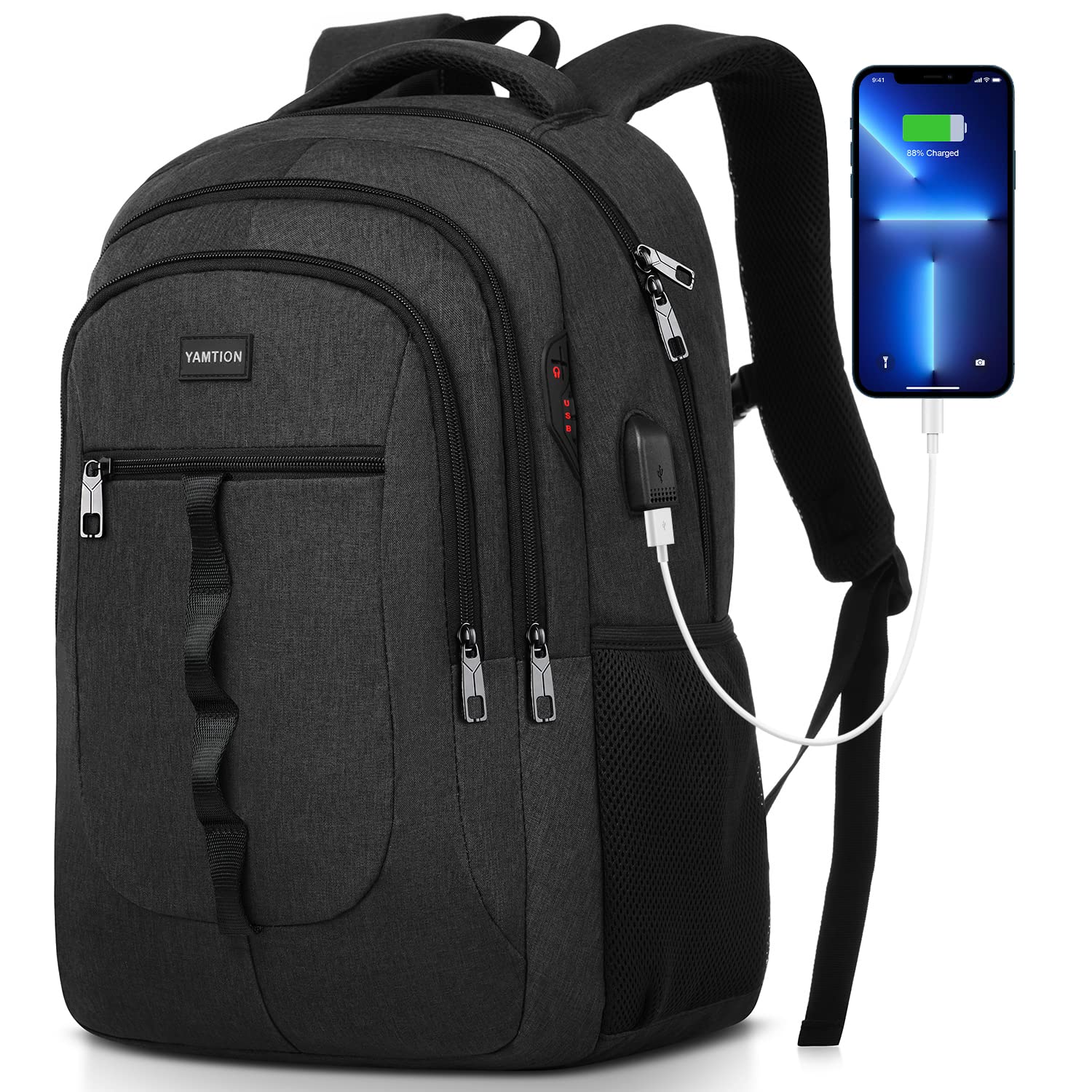 YAMTION Schwarz Rucksack Herren und Damen,Unisex Schulrucksack Teenager für Jung
