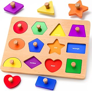 Wooden Shape Sorter Peg Puzzle for 1 2 3 Year Olds Toddlers | 12 Chunky Baby Puzzles With Easy-Grip Pegs - Fine Motor Skills - Shape & Color Match - Montessori Toy for 1-3 Year Old