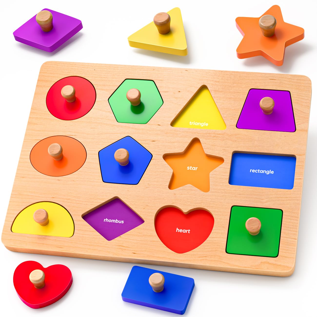 Wooden Shape Sorter Peg Puzzle for 1 2 3 Year Olds Toddlers | 12 Chunky Baby Puz