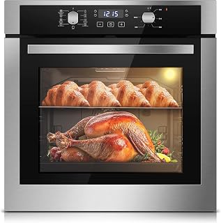 Zomagas 24 Inch Electric Wall Oven 2.8 Cu Ft, Knob Control 24H Timer, 3220W | Knob control with 24H digital timer, 9 functions, 2.8 cu.ft cavity and a 360° rotisserie kit for family roasts.