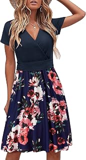 STYLEWORD Women Summer Dress Short Sleeve Summer Dress V Neck Floral Wrap Waist Casual Dress with Pockets