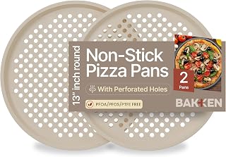 BAKKENMASTER Bakken Pizza Baking Pan - Round Perforated Carbon Steel Pan with Non-Stick Marble Coating, Dishwasher Safe, High-Temperature Resistant, Durable & Easy Cleanup White, 2 Pack