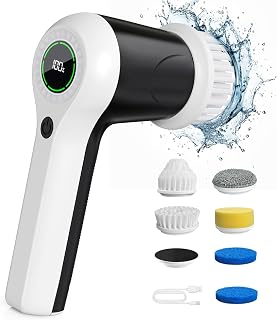 PUFTEM Electric Spin Scrubber, Cordless Shower Scrubber | Battery Level Display, Dual Speed, 6 Replaceable Brush Heads, IPX7 Waterproof, Long Runtime, Tub, Tile & Sink Cleaning
