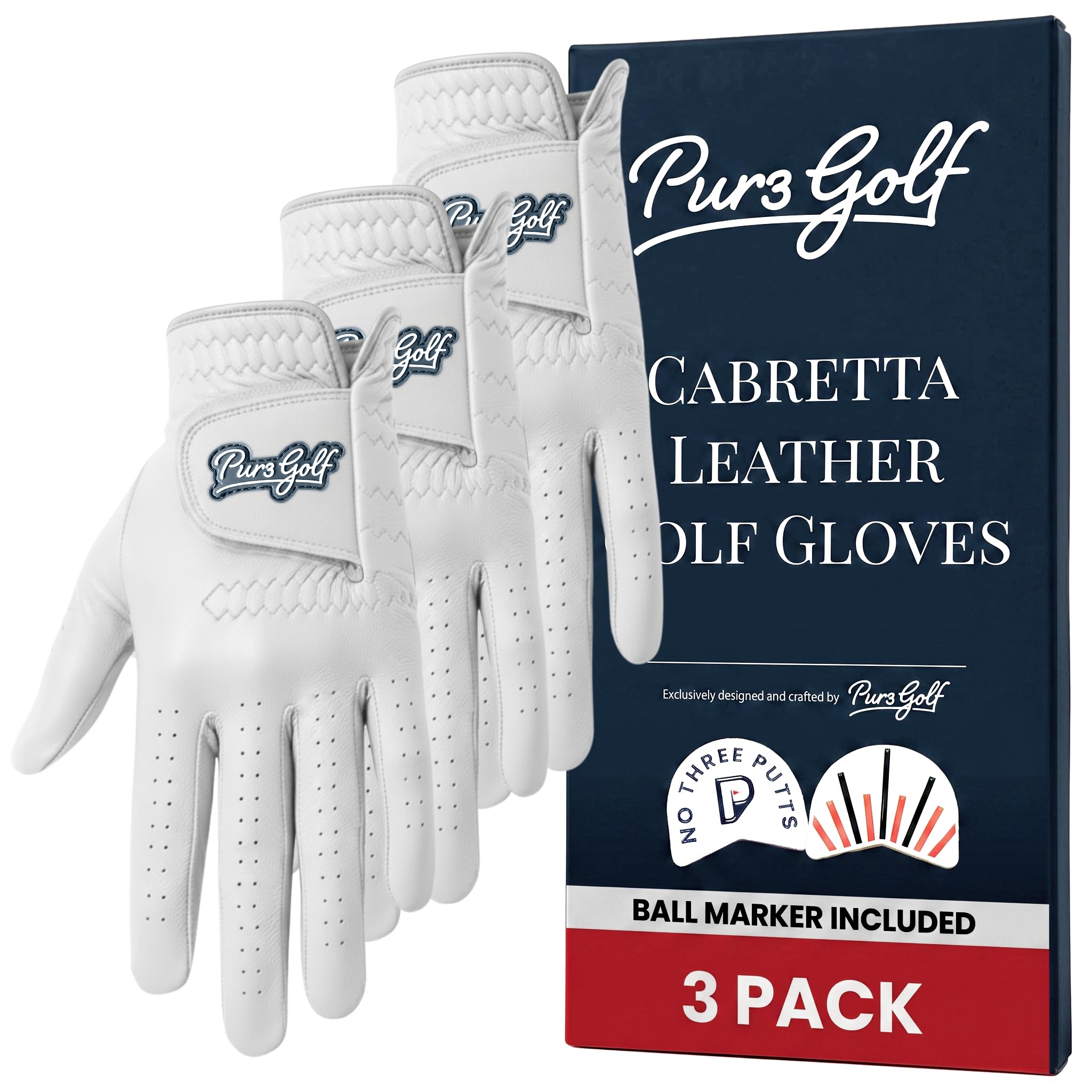 PUR3 Multipack Colored Cabretta Leather Golf Gloves Men | Includes Ball Marker |