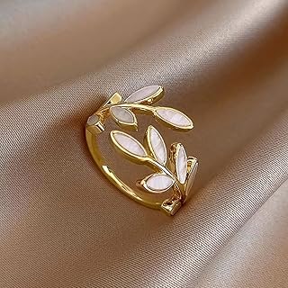 Open Rings for Women, Leaf Design, Delicate White Enamel Jewelry for Daily Life